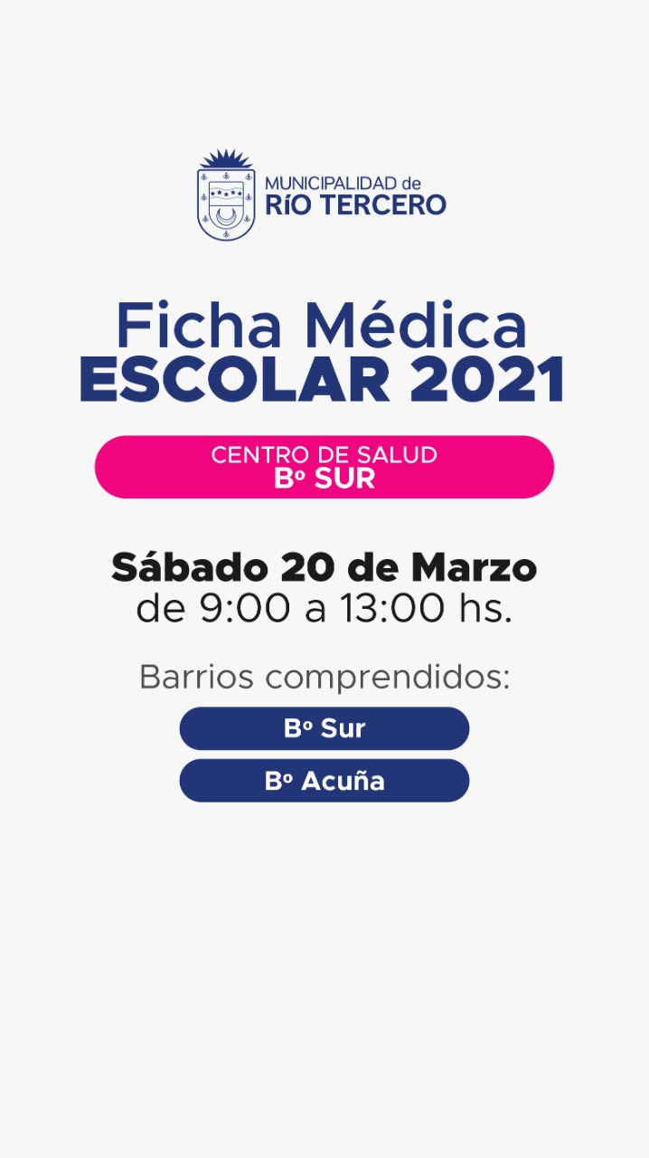 CONTROL DE SALUD Y FICHAS MÉDICAS ESCOLARES ESTÉ SÁBADO 20 EN BARRIO SUR