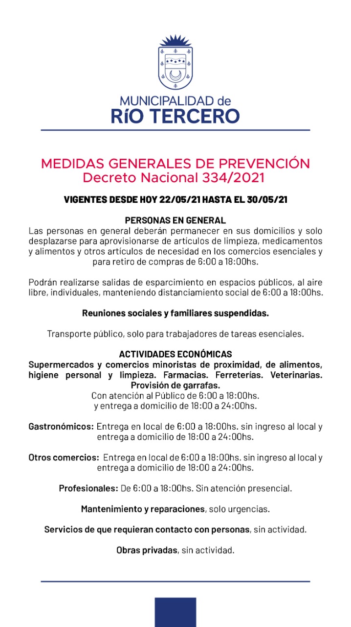 RIO TERCERO MEDIDAS GENERALES DESDE HOY 22 AL 30 DE MAYO