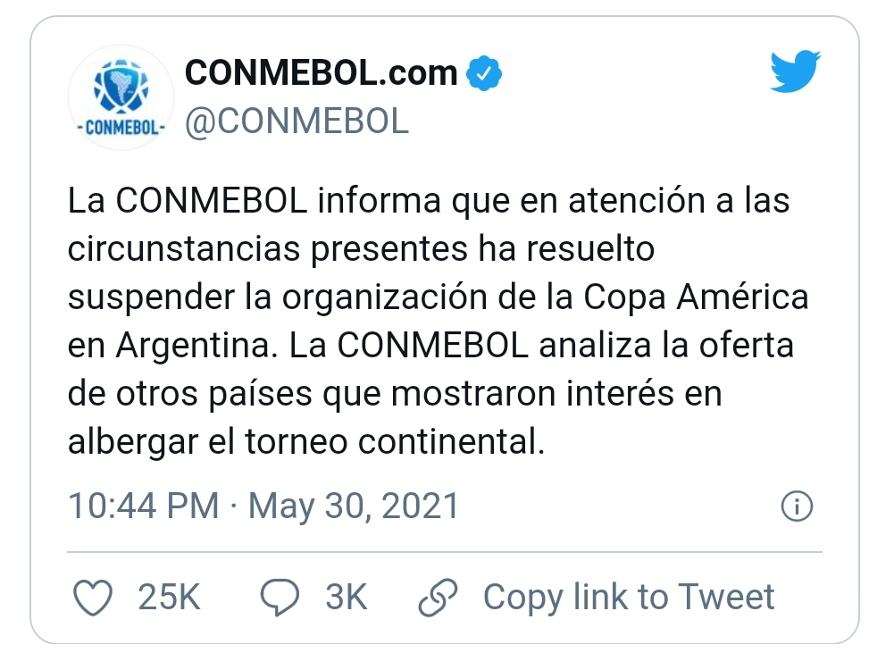 La Conmebol suspendió la Copa América en Argentina