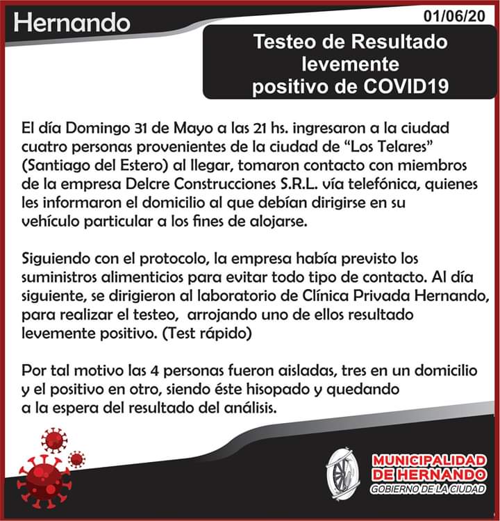 POSITIVO EN TEST RÁPIDO DE COVID-19 EN HERNANDO, DE CONFIRMARSE EL HISOPADO SERÍA EL PRIMER CASO EN EL DEPARTAMENTO 