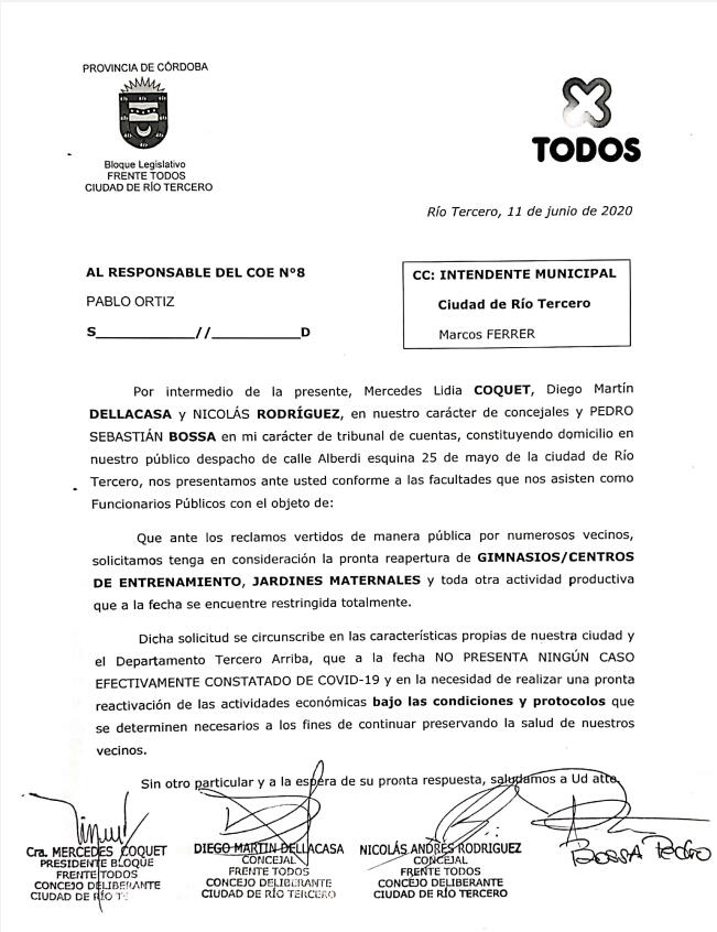 Concejales y tribuno de cuentas del Frente Todos le pidieron al coordinador del COE, habilite las actividades de gimnasios, centros de entrenamientos y jardines maternales.