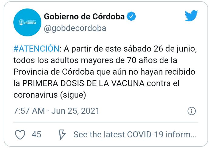 Córdoba: los mayores de 70 años pueden vacunarse sin turno