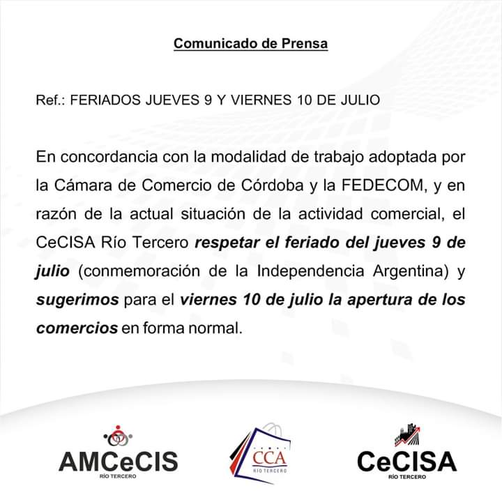 Nos comunicamos con Gabriel Prieto (Presidente del CECISA) “hemos decidido no trabajar el jueves feriado 9 de julio y trabajar normalmente el viernes 10 de julio”