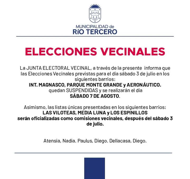 ELECCIONES VECINALES EN RÍO TERCERO QUEDAN SUSPENDIDAS 