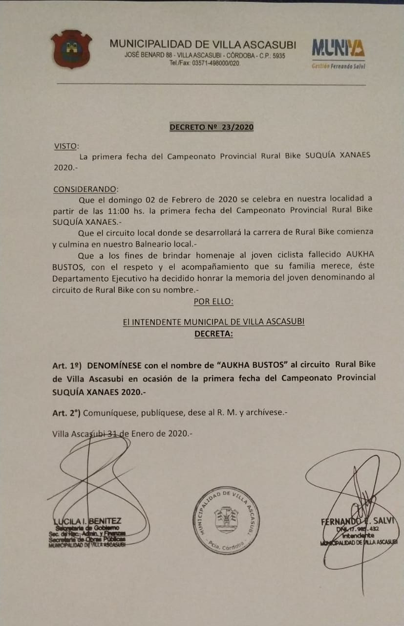 Homenaje a Aukha Bustos: colocar&aacute;n su nombre al circuito Rural Bike de Villa Ascasubi