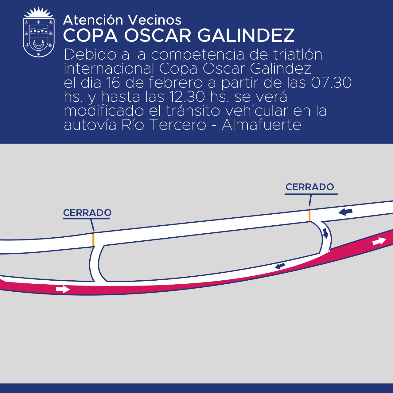 El domingo 16 el tr&aacute;nsito de la Autov&iacute;a R&iacute;o Tercero- Almafuerte se ver&aacute; modificado debido a la competencia de triatl&oacute;n Internacional Copa Oscar Galindez 