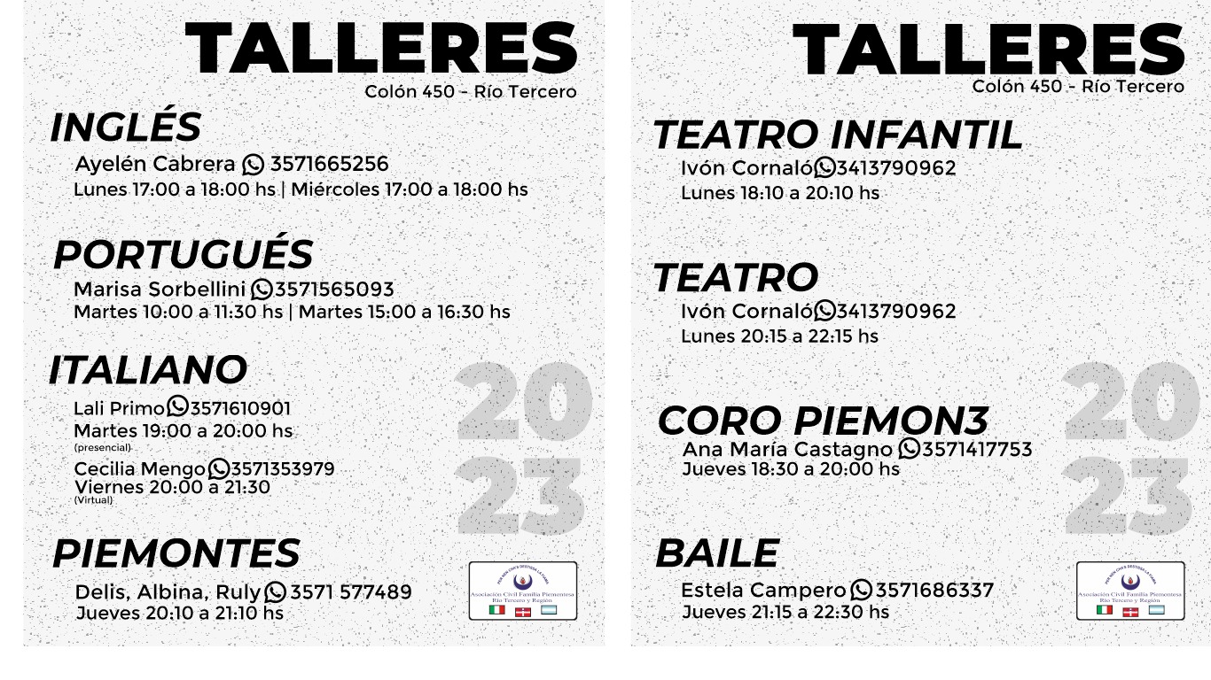 LA ASOCIACIÓN PIEMONTESA OFRECE DIFERENTES TALLERES PARA ESTE AÑO