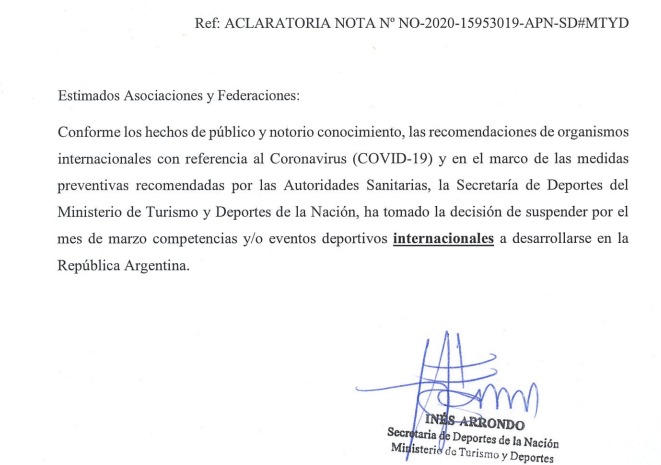 Coronavirus en Argentina: suspenden eventos deportivos internacionales.