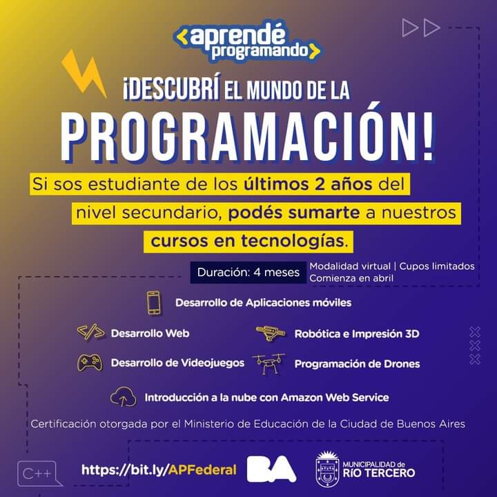 HASTA EL 25 DE MARZO HABRÁ INSCRIPCIONES PARA EL CURSO *APRENDE PROGRAMANDO FEDERAL*