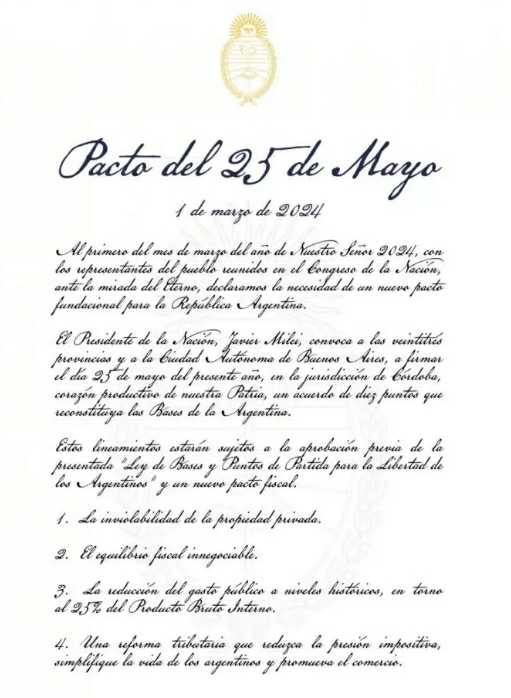 LOS 10 PUNTOS DEL PACTO DE MAYO QUE PROPUSO JAVIER MILEI 