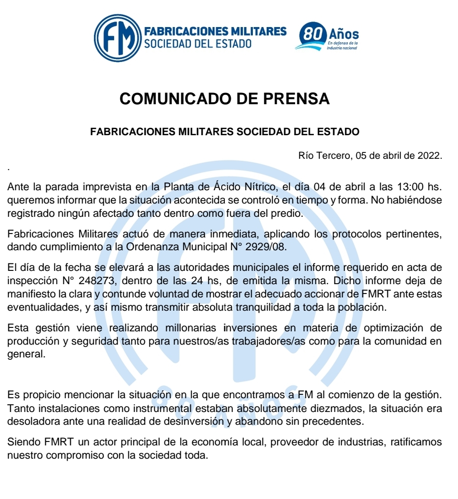 Parte de Prensa de FMRT por la parada imprevista en la Planta de Ácido Nítrico