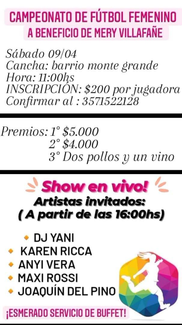 TORNEO DE FÚTBOL FEMENINO Y ESPECTÁCULO A BENEFICIO DE MERY VILLAFAÑE