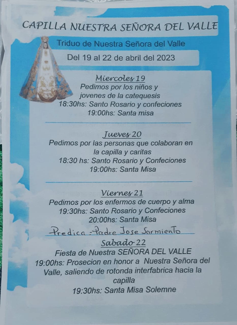 COMIENZA MAÑANA EL TRIDUO DE NUESTRA SEÑORA DEL VALLE EN BARRIO MONTE GRANDE