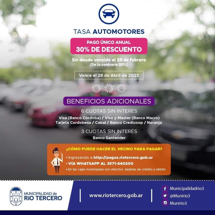 HOY ES EL ÚLTIMO DÍA PARA PAGAR LAS TASAS ANUALES MUNICIPALES A LA PROPIEDAD Y  AUTOMOTOR. 