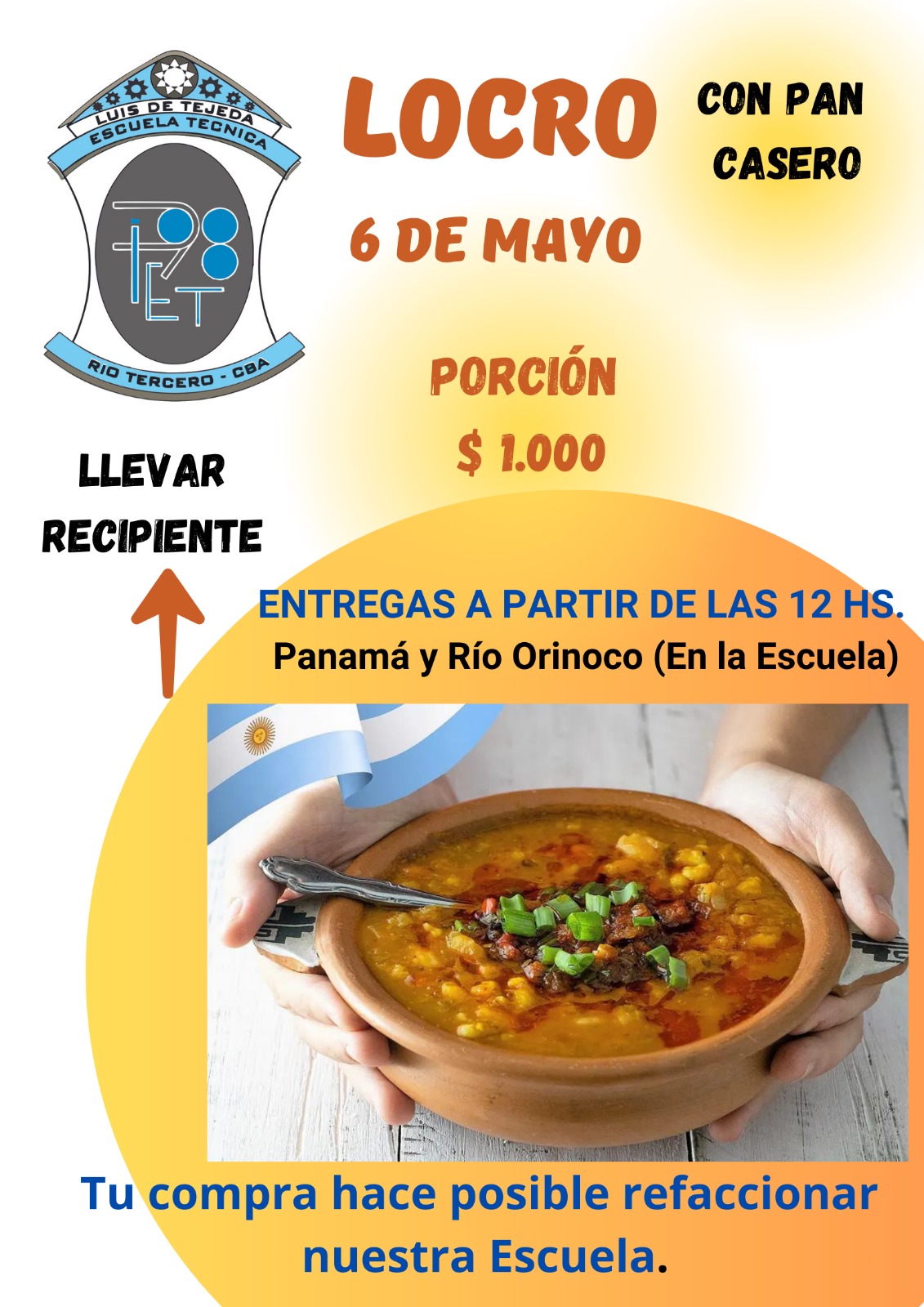 EL SÁBADO 6 DE MAYO LA ESCUELA LUIS DE TEJEDA REALIZA UN LOCRO PARA RECAUDAR FONDOS
