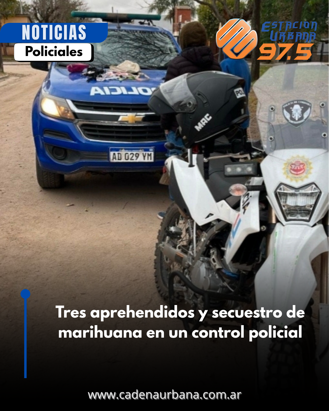 Tres aprehendidos y secuestro de marihuana en un control policial