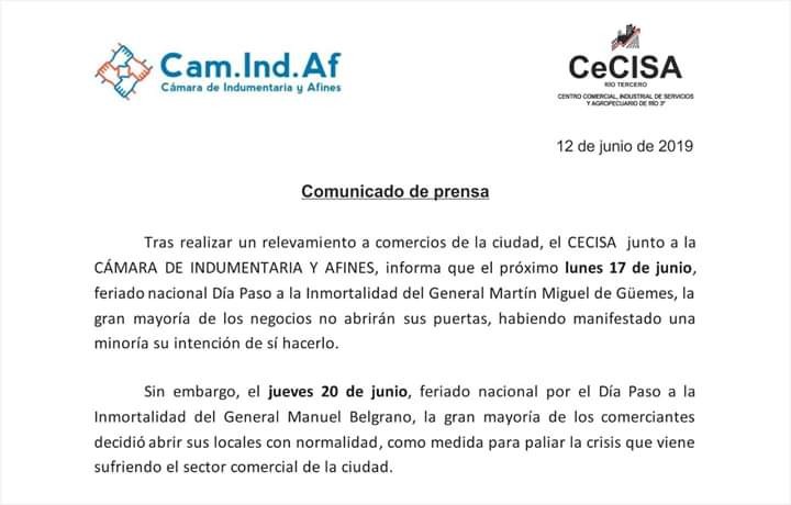La C&aacute;mara de Indumentaria del Centro Comercial emiti&oacute; un comunicado sobre c&oacute;mo van a estar trabajando los comercios en los dos d&iacute;as feriados  de la Pr&oacute;xima semana 