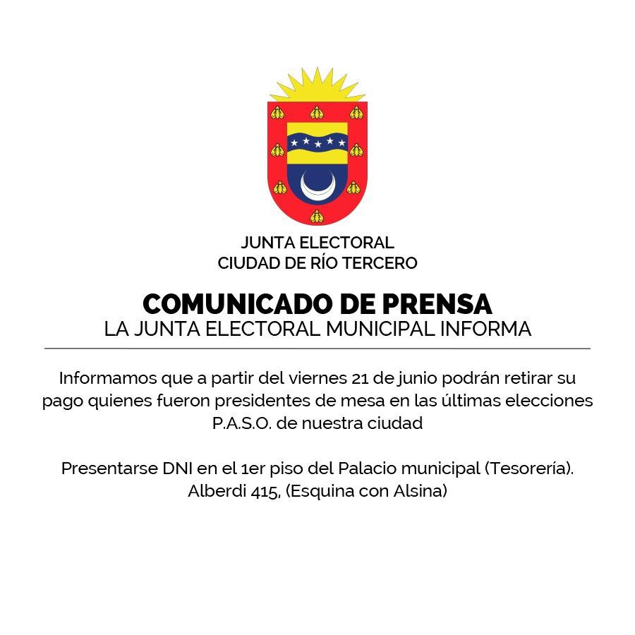 El d&iacute;a Viernes est&aacute; el pago de los presidentes de mesas de las P.A.S.O 