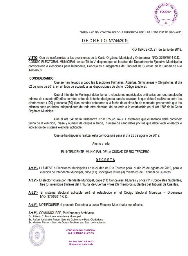 El Intendente ya firm&oacute; el Decret&oacute; para las Elecciones Generales a Intendente para el 25 de Agosto 