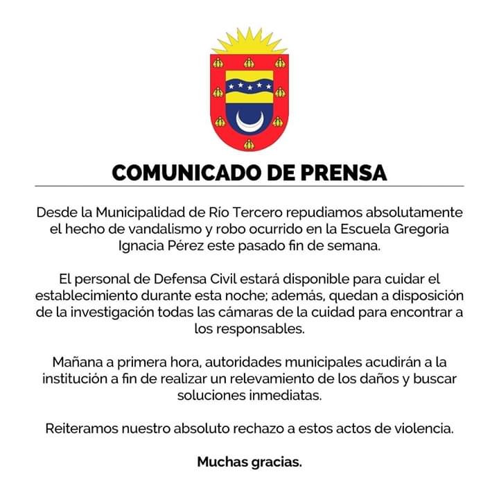 Desde El Municipio repudian el robo y los destrozos en la Escuela Gregoria Ignacia P&eacute;rez 