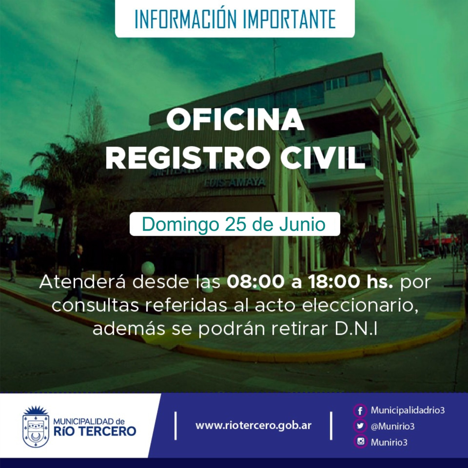 EL DOMINGO LA OFINA DEL REGISTRO CIVIL ATENDERÁ DE 8 A 18 HORAS 
