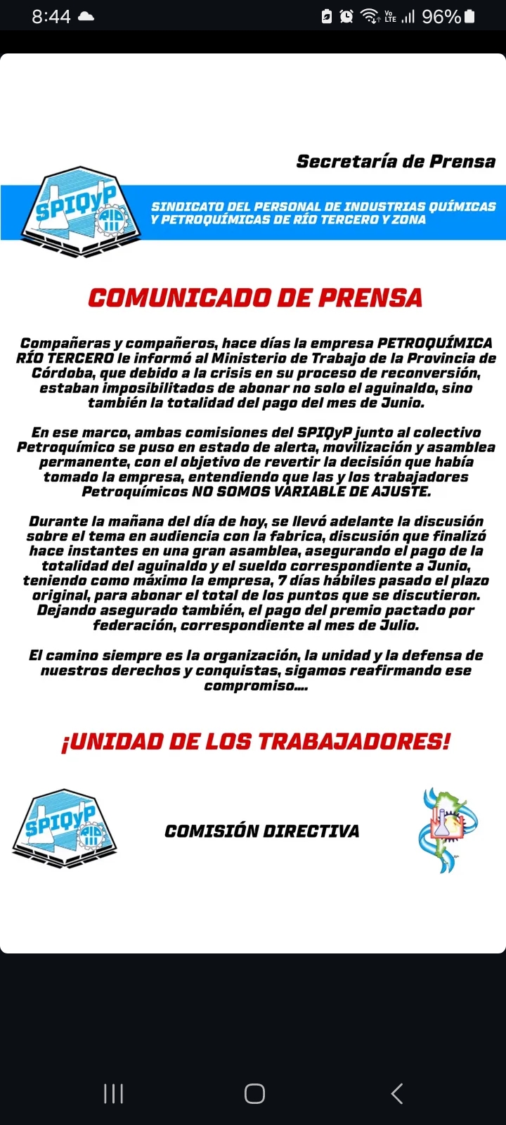 Petroquímica Río Tercero: Tras asamblea, garantizan pago de aguinaldo y sueldos