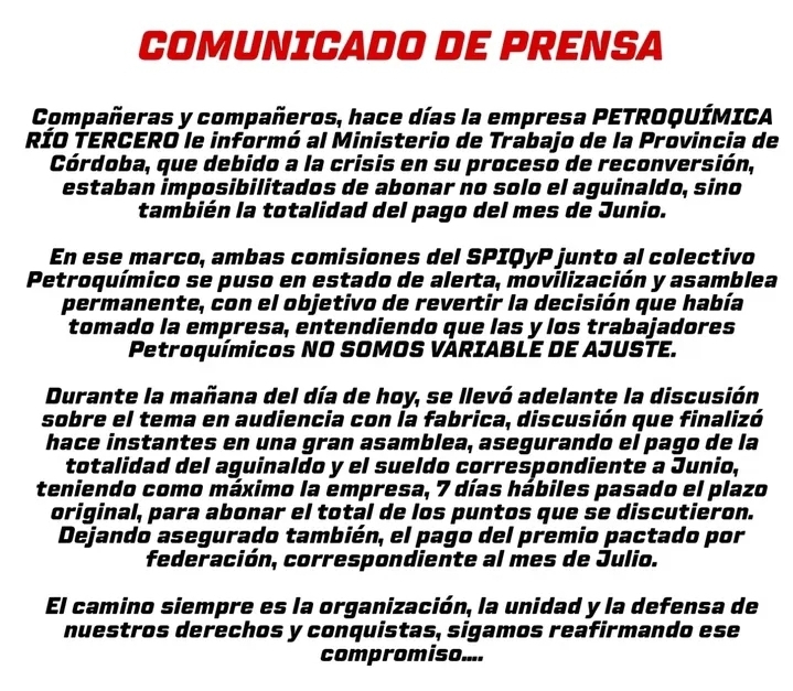 Petroquímica Río Tercero: Tras asamblea, garantizan pago de aguinaldo y sueldos