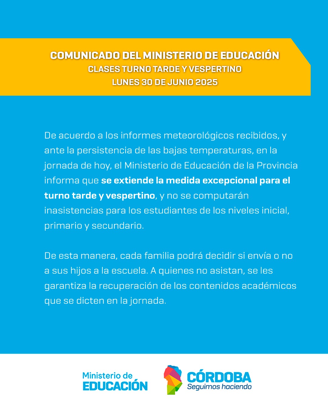 Por las bajas temperaturas, tampoco computarán inasistencias en el turno tarde en las escuelas de Córdoba este lunes 30