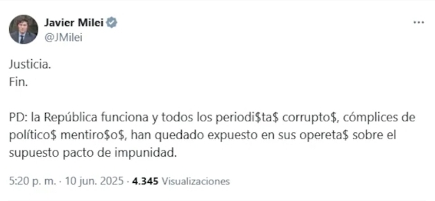 Milei respaldó la condena a CFK:* Justicia. Fin*