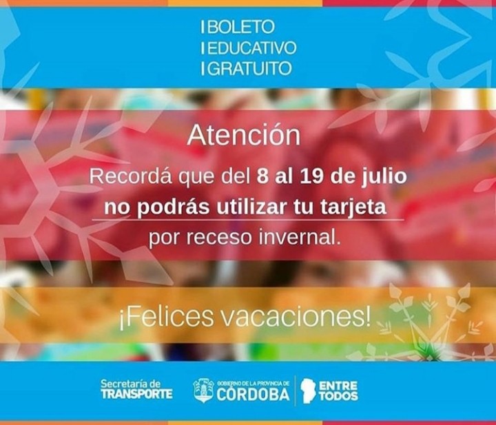 Receso de invierno: se suspende el uso del Boleto Educativo