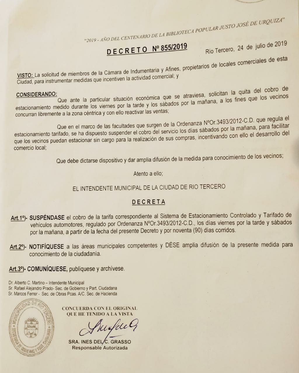 Por 90 dias no se cobrar&aacute; el estacionamiento medido los d&iacute;as viernes por la tarde y s&aacute;bados por la ma&ntilde;anas en la zona c&eacute;ntrica 