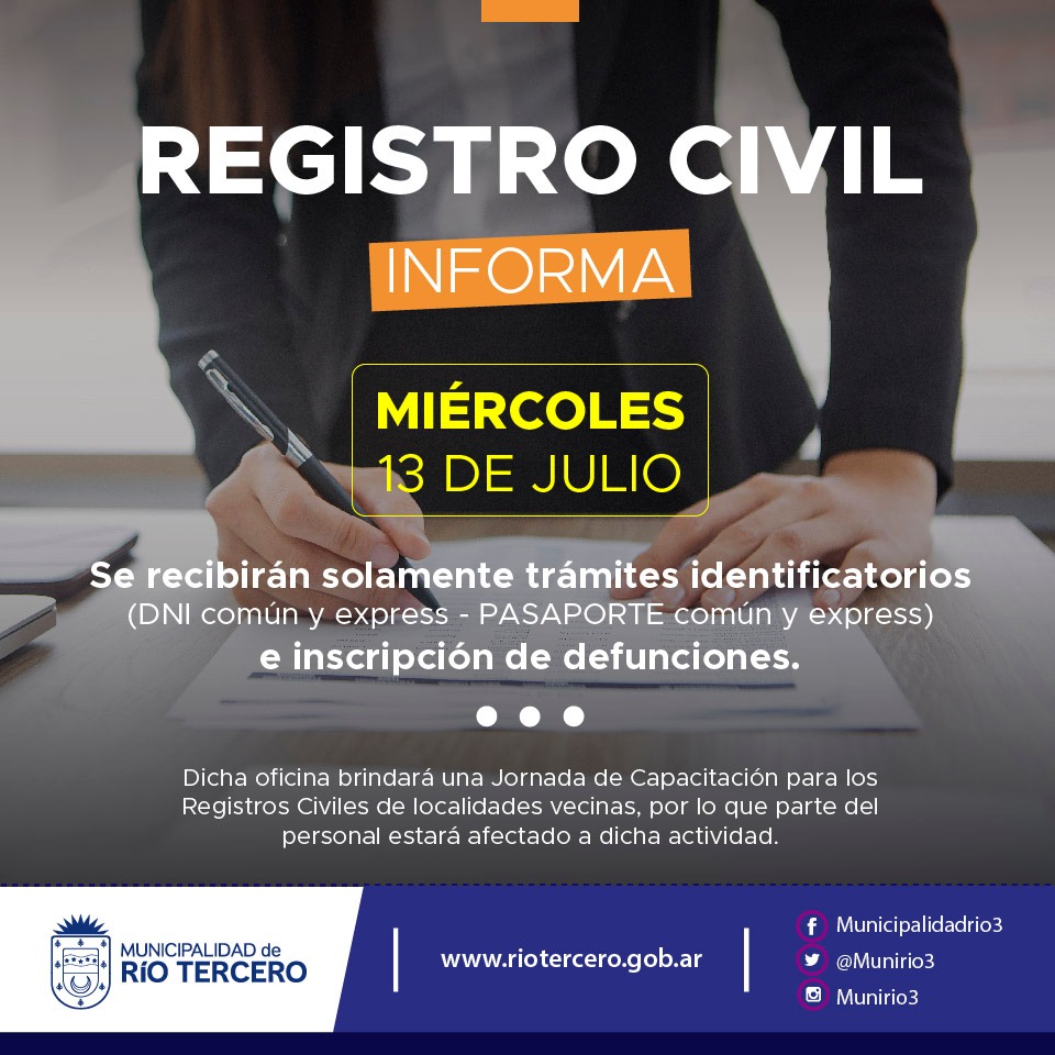 POR CAPACITACIÓN MAÑANA LA ATENCIÓN DEL REGISTRO CIVIL SE VERÁ AFECTADA