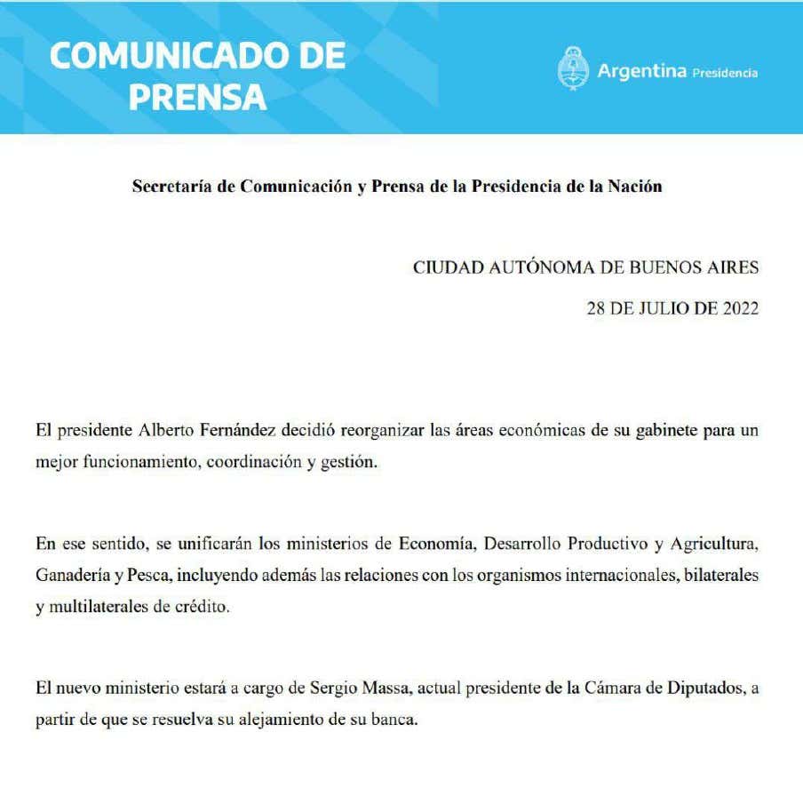 CAMBIOS EN EL GABINETE: MASSA ASUMIRÁ COMO TITULAR DE UN MINISTERIO ECONÓMICO UNIFICADO