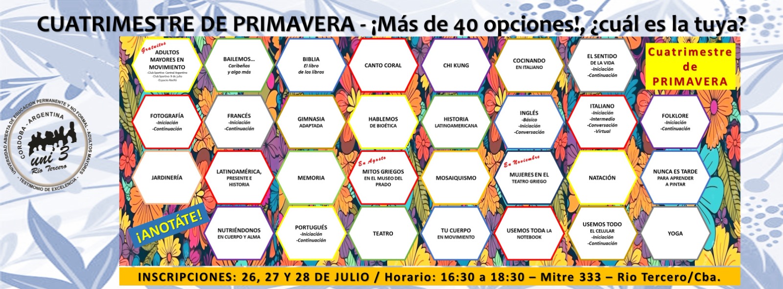 DESDE HOY Y HASTA EL VIERNES HABRÁ INSCRIPCIONES EN LA UNI 3 PARA MAS DE 40 TALLERES