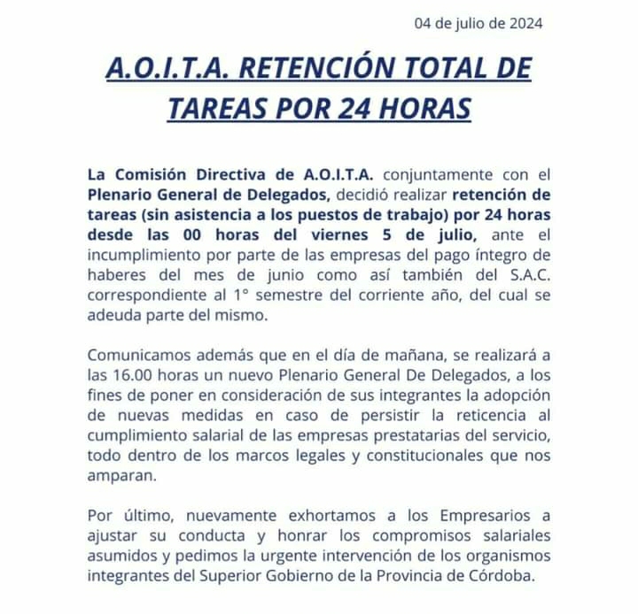 AOITA confirmó el paro y este viernes no habrá colectivos interurbanos