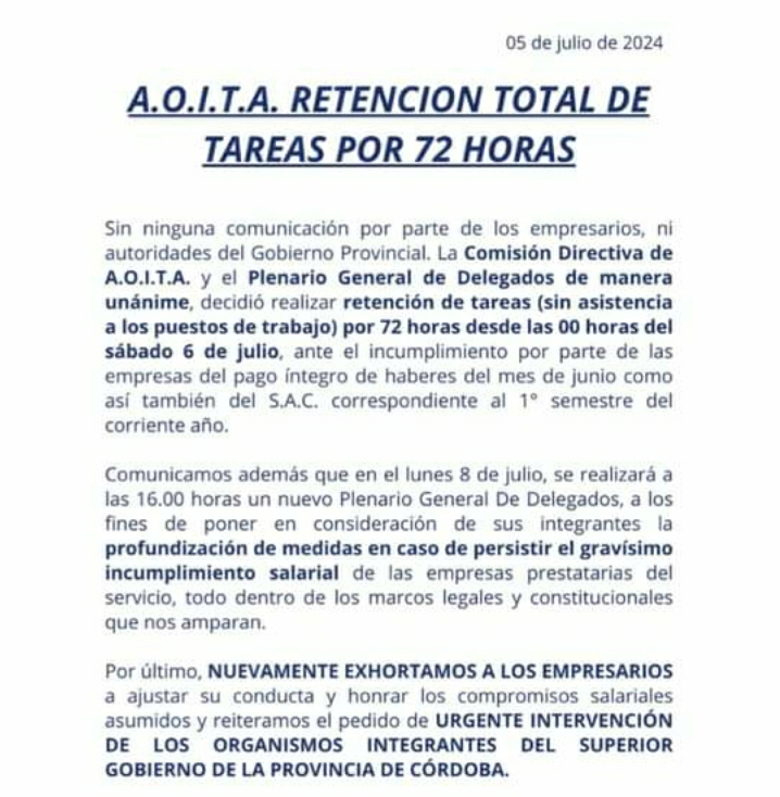 Aoita confirmó que el paro de interurbanos sigue hasta el lunes