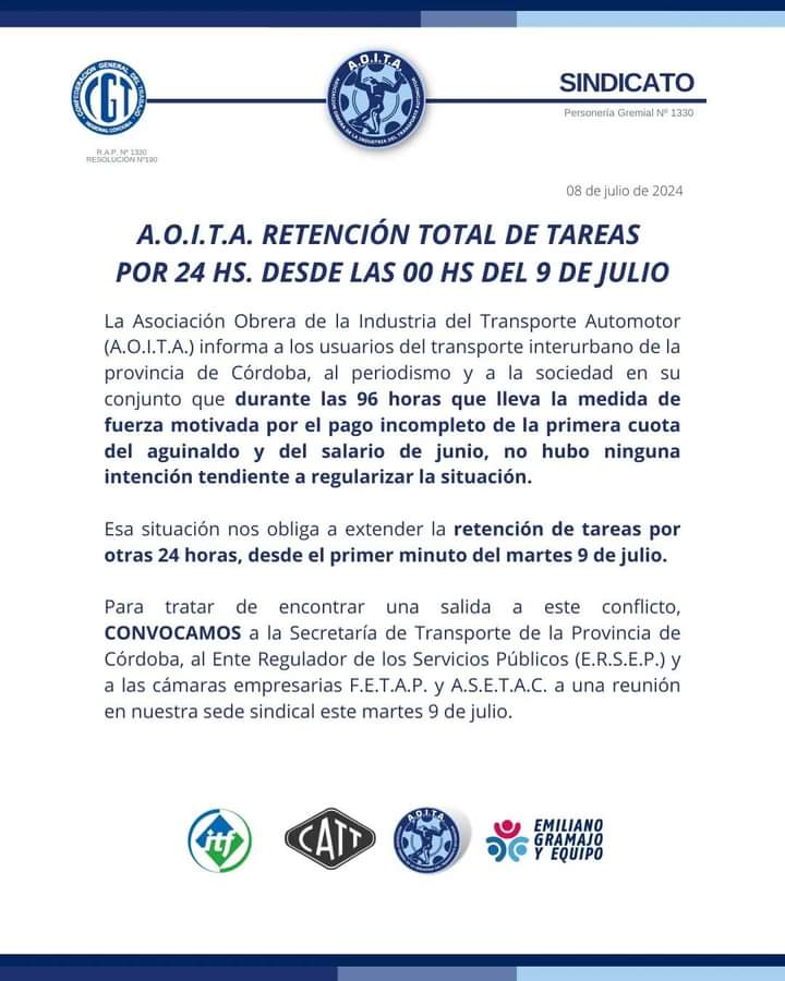Aoita confirmó retención total de tareas por 24 hs. desde las 00 hs del 9 de Julio