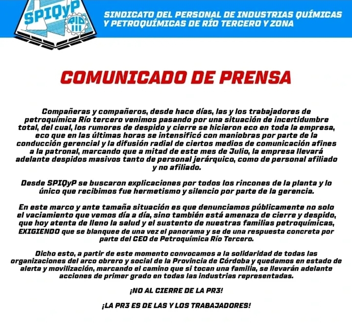 El sindicato químico denuncia maniobras de vaciamiento y posibles despidos en PR3