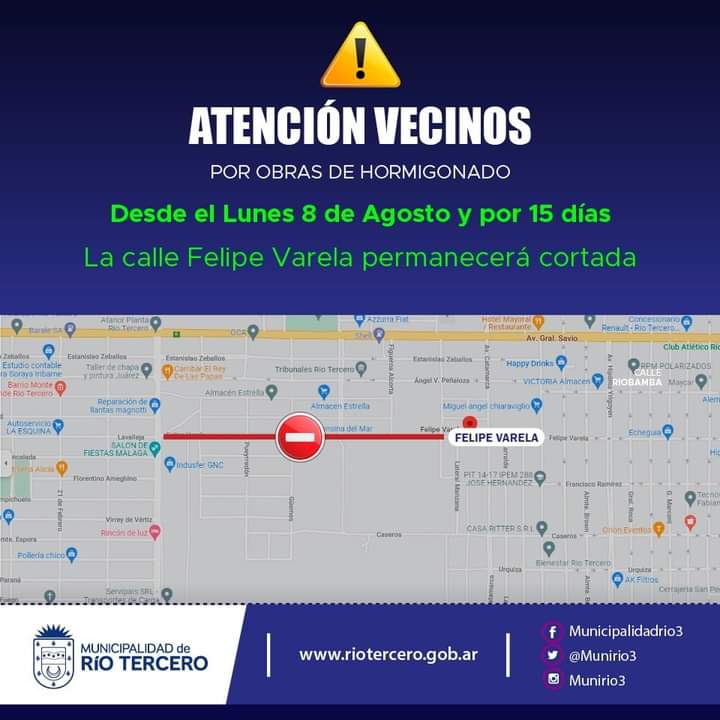 LA MUNICIPALIDAD INFORMA QUE LA CALLE FELIPE VARELA PERMANECERÁ CERRADA 