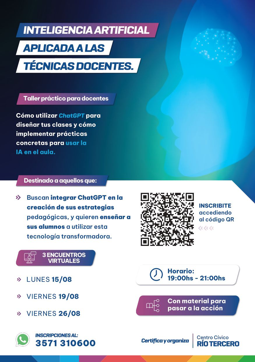 El centro cívico de Río Tercero dictará un curso de IA aplicado a prácticas docentes