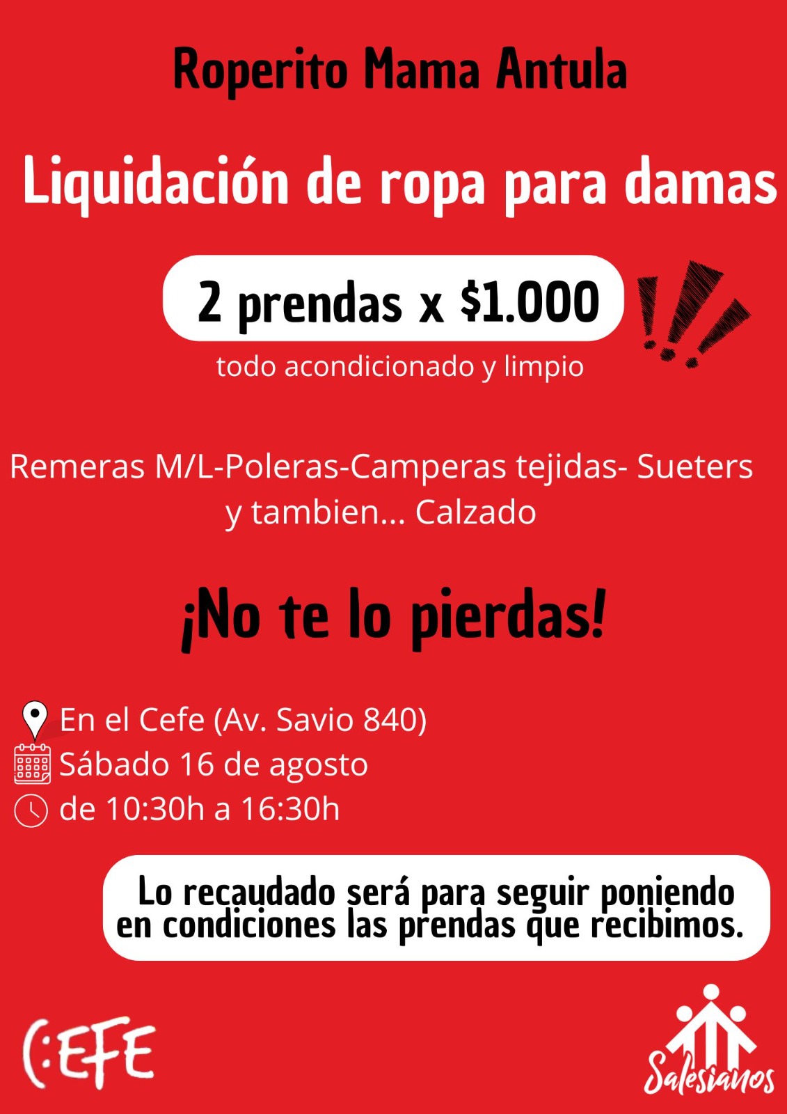 El roperito Mamá Antula del CEFE organiza una feria solidaria: dos prendas por $1000