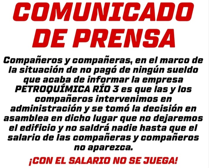 Trabajadores de Petroquímica Río 3 tomaron el edificio de administración por falta de pago