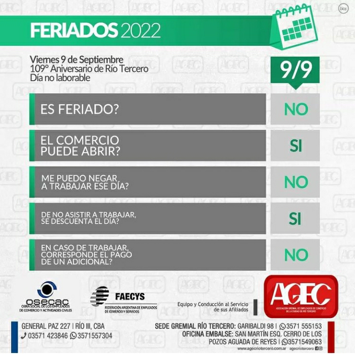 NO ES FERIADO ES UN DÍA NO LABORABLE EL PRÓXIMO 9 DE SEPTIEMBRE
