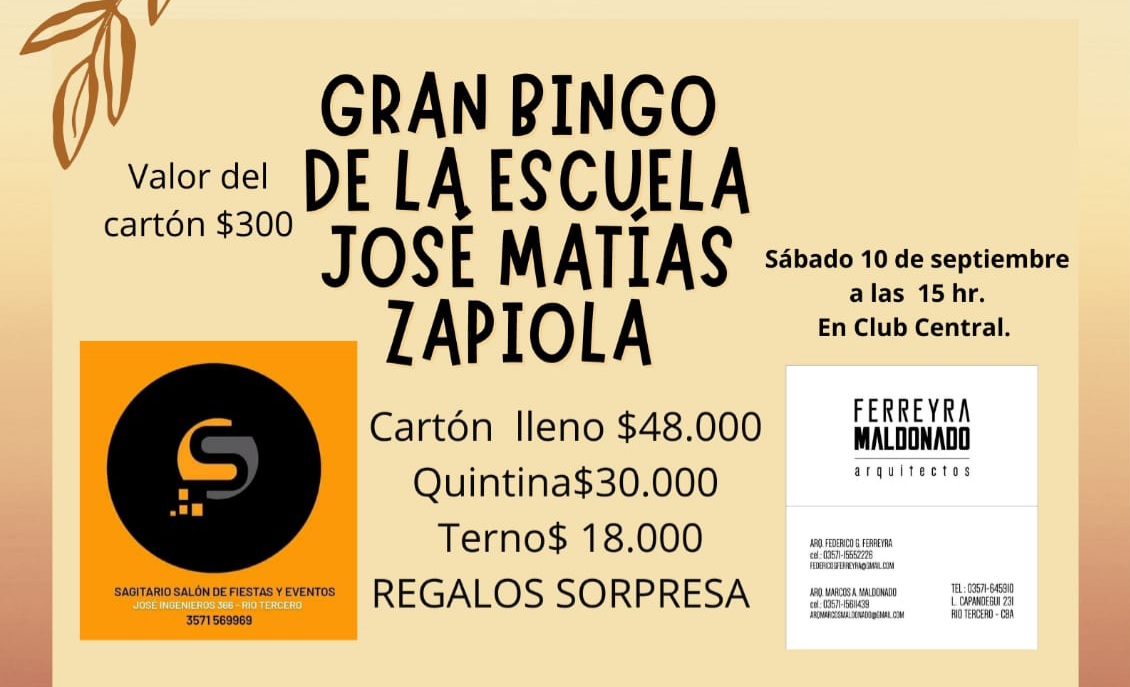 EL SÁBADO SE VIENE EL BINGO DE LA ESCUELA MATÍAS ZAPIOLA