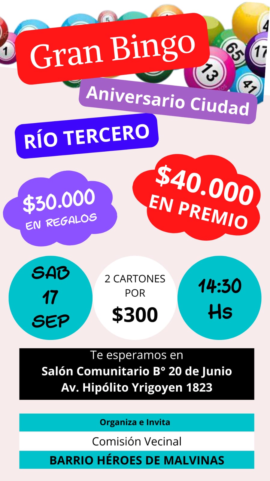 BARRIO HÉROES DE MALVINAS REALIZA UN BINGO  ESTE SÁBADO PARA RECAUDAR FONDOS PARA SU SALÓN