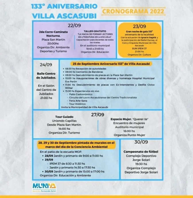 VILLA ASCASUBI CUMPLE 133 AÑOS Y VESTIRÁ LA PLAZA DE FIESTA