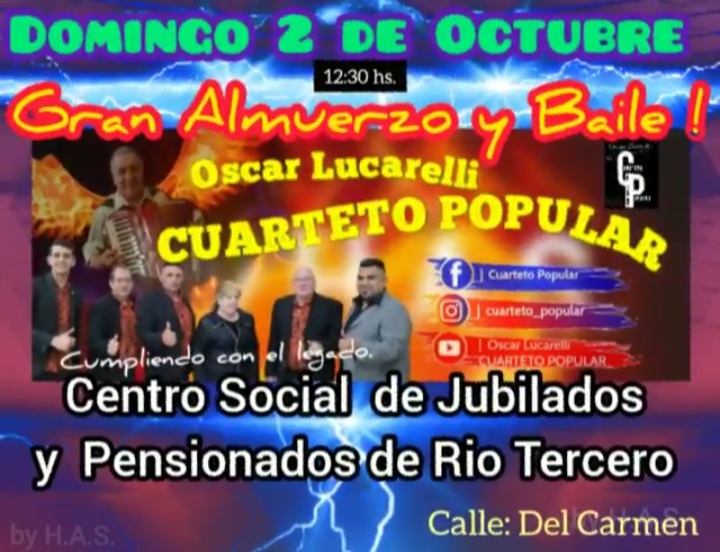 ESPACIO DEL CIRCULO DE JUBILADOS Y PENSIONADOS RÍO TERCERO JUEVES 29 DE SEPTIEMBRE: DOMINGO GRAN ALMUERZO Y BAILE 