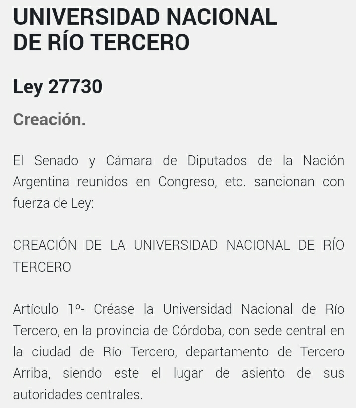 ES LEY LA CREACIÓN DE LA UNIVERSIDAD NACIONAL DE RÍO TERCERO
