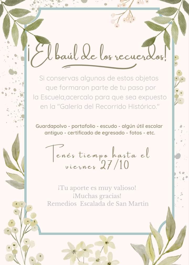 LA ESCUELA REMEDIOS ESCALADA PREPARA EL FESTEJO POR SU 75 ANIVERSARIO Y LLAMA A SUMARSE AL *BAÚL DE LOS RECUERDOS*