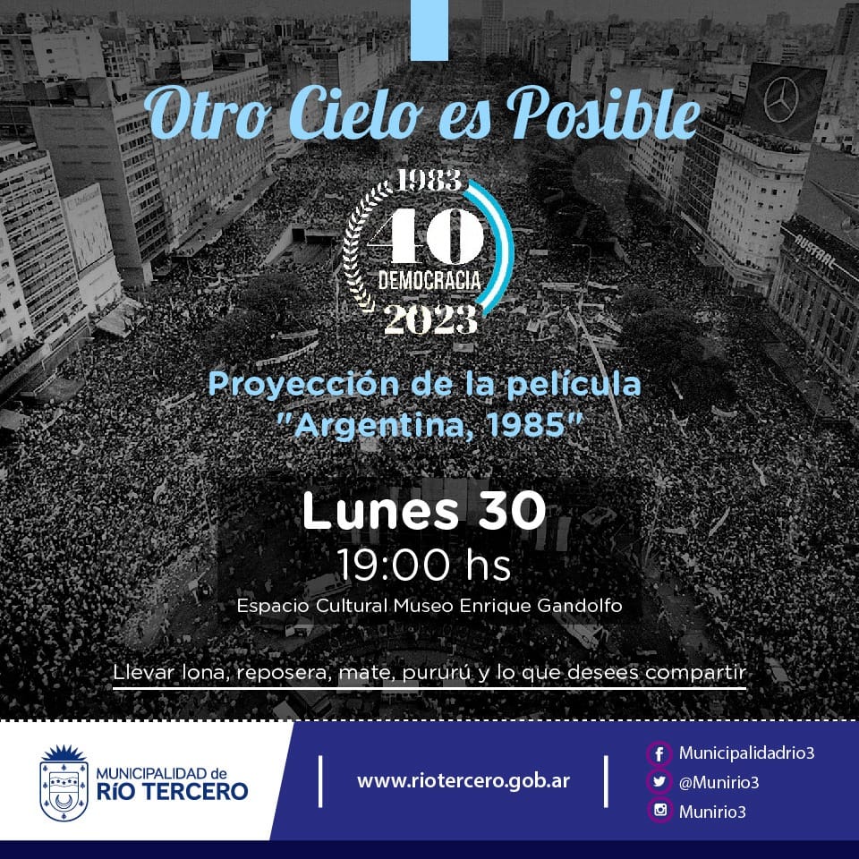 EL MUNICIPIO INVITA A COMPARTIR LA PROYECCIÓN DE LA PELÍCULA *ARGENTINA, 1985* EN EL MARCO DE LOS 40 AÑOS DE DEMOCRACIA